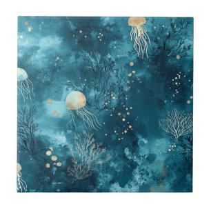 Luxus Blaue Quallen Korallen Ozean Muster Fliese