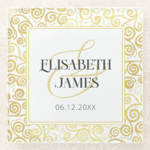 Luxus Blüh Chic Winter White and Gold Hochzeit Glasuntersetzer