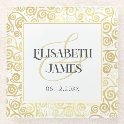 Luxus Blüh Chic Winter White and Gold Hochzeit Glasuntersetzer (Vorderseite)