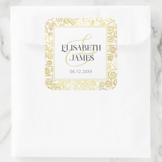 Luxus Blüh Chic Winter White and Gold Hochzeit Quadratischer Aufkleber (Tasche)