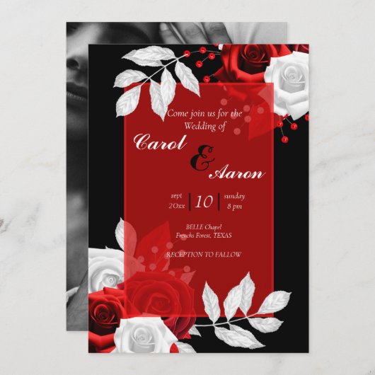 Luxus Blumen Schwarz, Weiß und Rot Hochzeit Einladung (Vorne/Hinten)