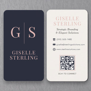 Luxus Blush Pink Monogram Navy Blue QR Code Visitenkarte