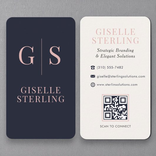 Luxus Blush Pink Monogram Navy Blue QR Code Visitenkarte