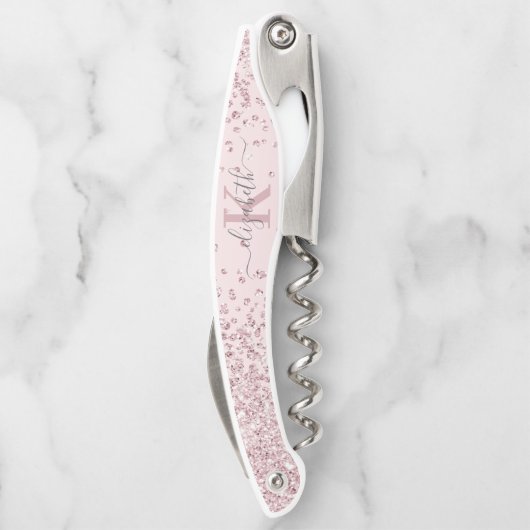 Luxus Blush Rose Gold Glitzer Confetti Monogram Kellnermesser (Rückseite)