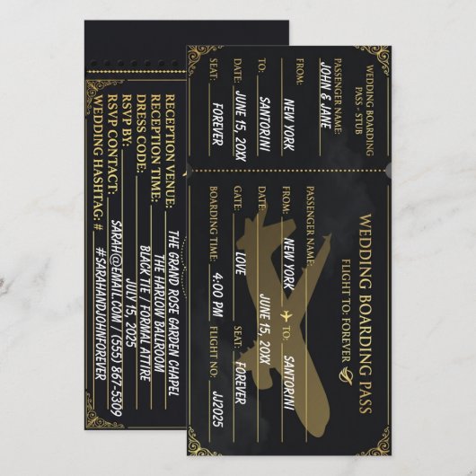 Luxus-Boarding-Pass im Design Schwarz & Gold als S Save The Date (Vorne/Hinten)