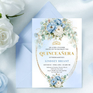 Luxus-Boho-Blau-Pfingstrosen-Quinceañera-Druckbar Einladung