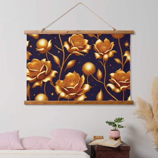 Luxus Boho Gold Rose Moderne Kollektion Wandteppich Mit Holzrahmen (Schlafzimmer)