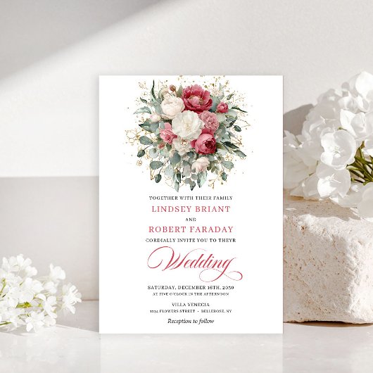 Luxus-Boho-roter-Blush-Grün-Hochzeitskarten Einladung