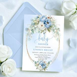 Luxus-Boho-Staubblau-Grün-Gold-Baby-Party Einladung
