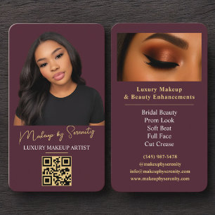 Luxus-Bordeaux-Gold-Makeup-Artist-QR-Code-Schönhei Visitenkarte