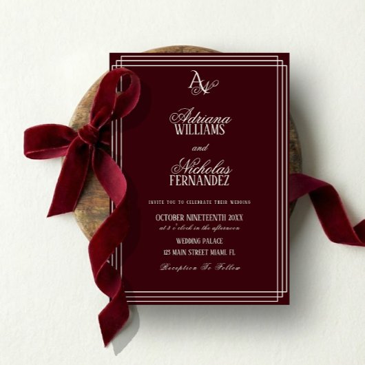 Luxus-Bordeaux-Monogramm-Hochzeit Einladung