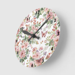 Luxus Bunt Wildblume Blume blauer Schmetterling Runde Wanduhr