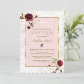 Luxus Burgund Gold Blume Marmortaufe Einladung (Stehend Vorderseite)