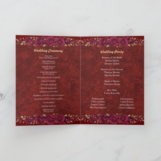 Luxus-Burgund- und Gold-Blumen-Hochzeitsprogramm Programm (Innenseite)