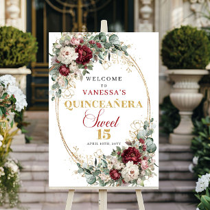 Luxus Burgunder Blumen Gold Boho Quinceanera Begrü Poster