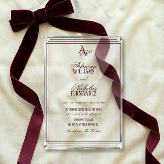 Luxus-Burgunder-Monogramm-Hochzeit Acryleinladungen