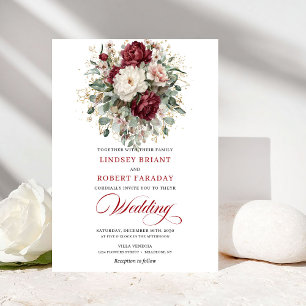 Luxus-Burgunderweiß-Blumen-Eukalyptus-Hochzeit Einladung