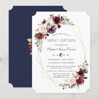 Luxus Burgundy Blush Floral Gold 16 . Geburtstag Einladung