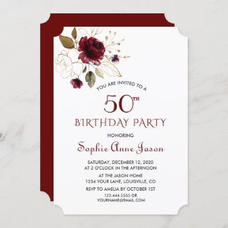 Luxus Burgundy Gold Floral 50. Geburtstag Monogram Einladung