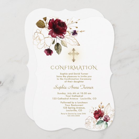 Luxus Burgundy Gold Floral Girl Bestätigung Einladung (Vorne/Hinten)