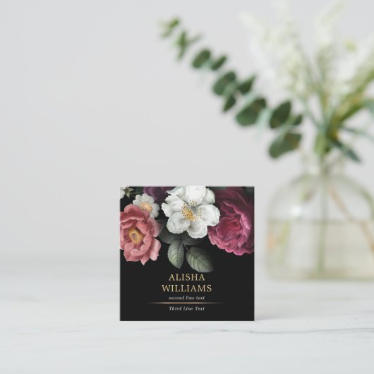 Luxus Business Floral Black Gold Quadratische Visitenkarte (Stehend Vorderseite)