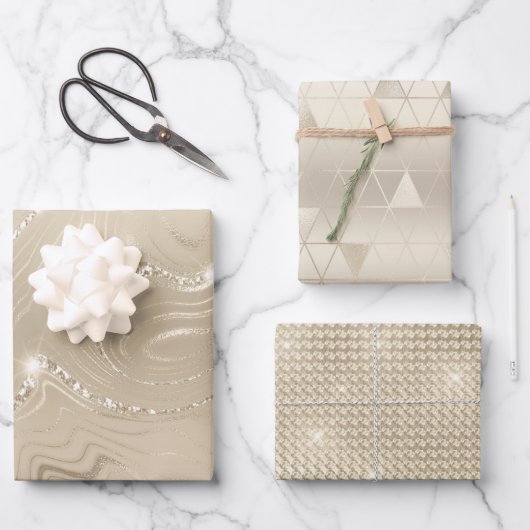 Luxus Champagner Hintergrund Beige Glitzer Geschenkpapier Set (Vorderseite)