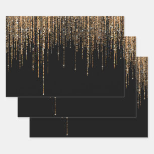 Luxus Chic Black Gold Funkelnd Glitzer Fringe Geschenkpapier Set