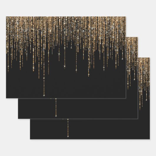 Luxus Chic Black Gold Funkelnd Glitzer Fringe Geschenkpapier Set (Set)