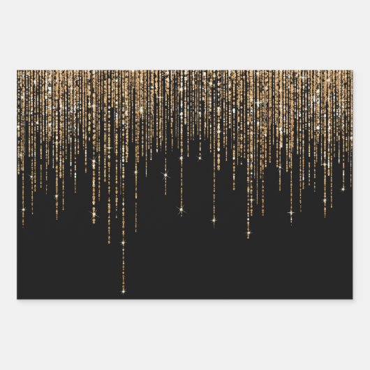 Luxus Chic Black Gold Funkelnd Glitzer Fringe Geschenkpapier Set (Vorderseite)