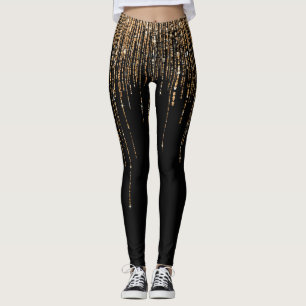 Luxus Chic Black Gold Funkelnd Glitzer Fringe Leggings