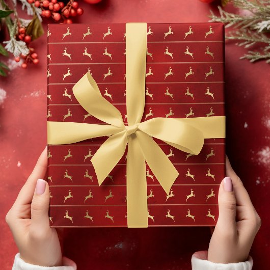 Luxus Chic Gold Reindeer Roter Weihnachtsurlaub Geschenkpapier