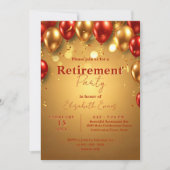 Luxus Chic Gold und Red Balloons Retirement Party Einladung (Vorderseite)