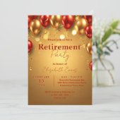 Luxus Chic Gold und Red Balloons Retirement Party Einladung (Stehend Vorderseite)