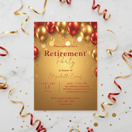 Luxus Chic Gold und Red Balloons Retirement Party Einladung