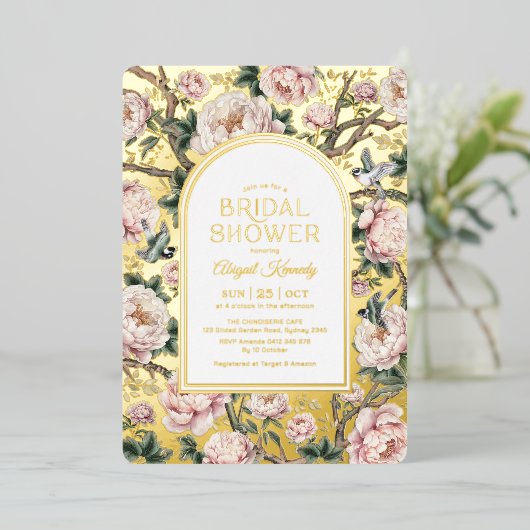 Luxus Chinoiserie Blumengarten Brautparty Folieneinladung (Stehend vorne)