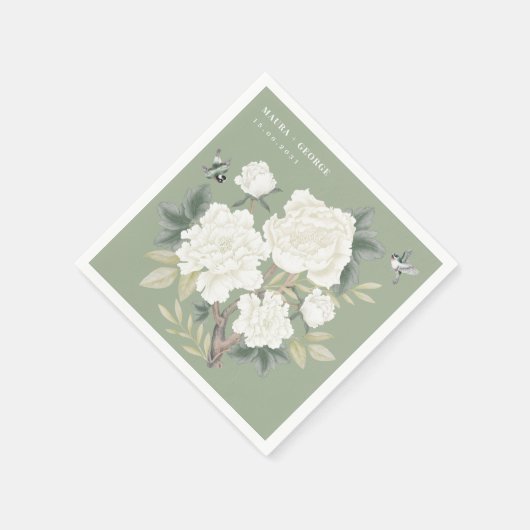 Luxus Chinoiserie Sage Green Elfenbeinblume Hochze Serviette (Ecke)