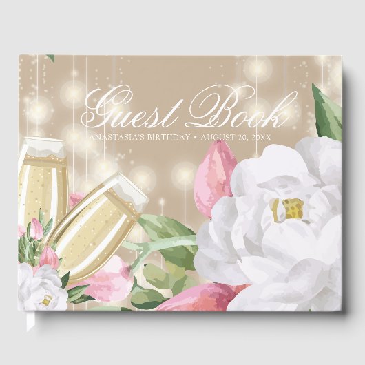 Luxus Cream Champagne Floral Geburtstag Gästebuch (Vorderseite)