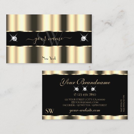 Luxus Cream Golden Black Sparkle Jewels Initials Visitenkarte (Vorne/Hinten)