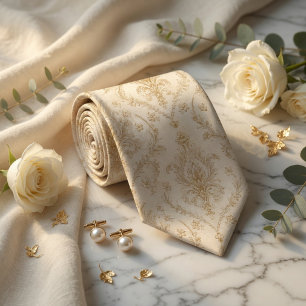 Luxus-Creme-Elfenbein und Antik-Gold-Barock-Damask Krawatte