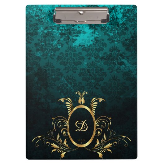 Luxus Damask Gold Rahmen Monogramm Klemmbrett (Vorderseite)
