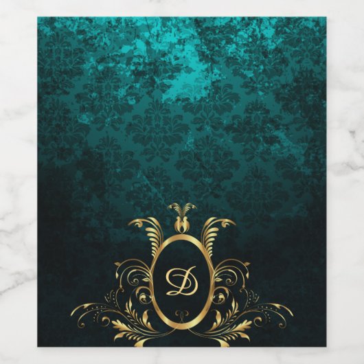 Luxus Damask Gold Rahmen Monogramm Weinetikett (Einzelnes Label)