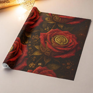 Luxus-Dampfpunk-Rosen Romantische Goldzahnräder Geschenkpapier