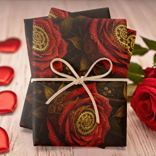 Luxus-Dampfpunk-Rosen Romantische Goldzahnräder Geschenkpapier Set
