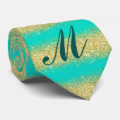 Luxus Dein Monogram Gold Turquoise Glitzer Moderne Krawatte (Gerollt)