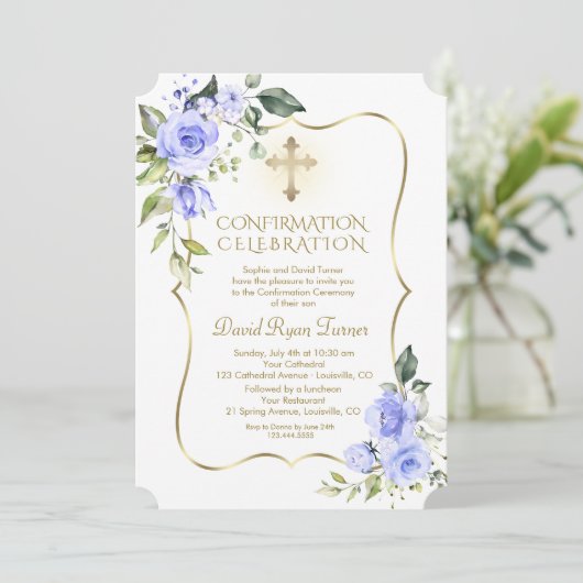 Luxus Delicate Blumen Boy Bestätigung Einladung (Stehend Vorderseite)