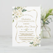 Luxus Delicate White Floral Gold Graduation Party Einladung (Stehend Vorderseite)
