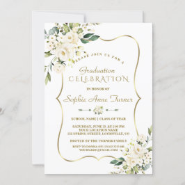 Luxus Delicate White Floral Gold Graduation Party Einladung