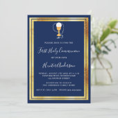Luxus der First Communion Marion Blue Gold Chalice Einladung (Stehend Vorderseite)