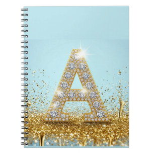 Luxus-Diamant-Buchstabe A auf goldenem Glitter-Hin Notizblock