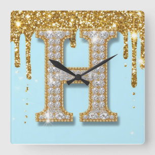 Luxus-Diamant-Buchstabe H auf goldenem Glitter-Hin Quadratische Wanduhr